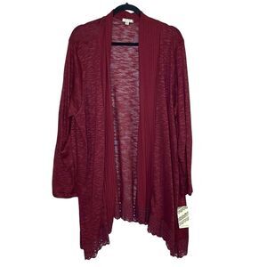 Eyeshadow NWT Open Front Cardigan Burgundy Passion Lacey Hem Detail Plus SZ 2X